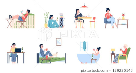 Leisure time with drinks. Old and young people drinking at home and outside, in garden, in bed or bathtub. Day evening rest and relaxation, recent vector scenes Leisure time with drinks. Old and young people drinking at home and outside, in garden, in bed or bathtub. Day evening rest and relaxation, recent vector scenes 129220143