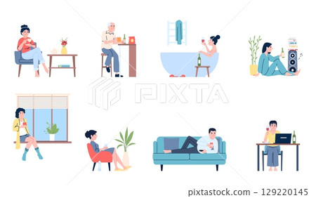 People relax and drink at home. Men women drinking tea, beer, wine in different situations. Flat characters with hot cold beverages, recent vector scenes 129220145