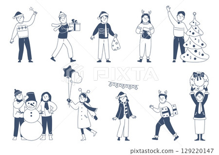 Christmas celebrating line characters. Adults prepare new year, with gift, decorations and xmas tree. Happy winter holidays, doodle people recent vector set 129220147