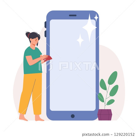 Young girl clean smartphone screen with soft napkin. Care of phone, digital addiction metaphor. Cleaning with wet wipes, careful use gadget, vector scene Young girl clean smartphone screen with soft napkin. Care of phone, digital addiction metaphor. Cleaning with wet wipes, careful use gadget, vector scene 129220152
