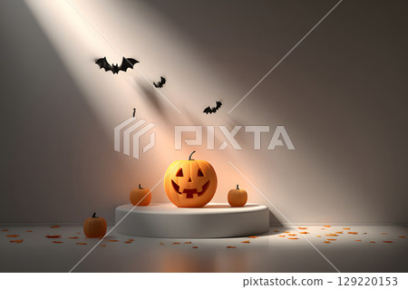 Floating podium mockup with spooky pumpkin shadow on the wall. Ideal for Halloween-themed product display or advertising. 129220153