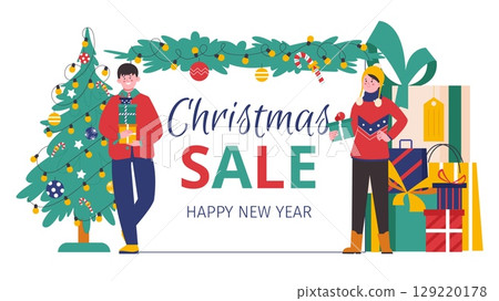 Winter christmas sale banner. Cute characters with gifts and presents bags and boxes. New Year discount, seasonal shopping time, vector background 129220178