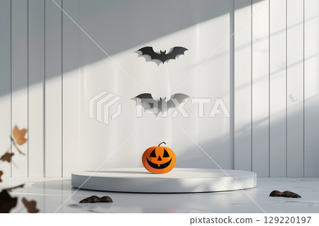Floating podium mockup with spooky pumpkin shadow on the wall. Ideal for Halloween-themed product display or advertising. 129220197
