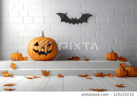 Floating podium mockup with spooky pumpkin shadow on the wall. Ideal for Halloween-themed product display or advertising. Floating podium mockup with spooky pumpkin shadow on the wall. Ideal for Halloween-themed product display or advertising. 129220210