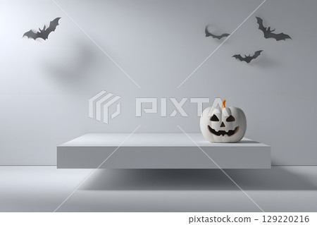 Floating podium mockup with spooky pumpkin shadow on the wall. Ideal for Halloween-themed product display or advertising. 129220216