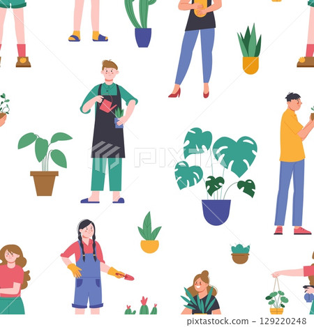 Planting characters. Young people with plants in pots, home garden seamless pattern. Different green bushes and tree, vector print template, background 129220248