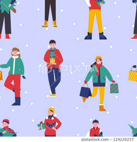 Happy winter characters. Funny boys and girls with presents. New Year shopping time, celebrating holidays. Print for fabric, wallpaper, web site, vector background Happy winter characters. Funny boys and girls with presents. New Year shopping time, celebrating holidays. Print for fabric, wallpaper, web site, vector background 129220257