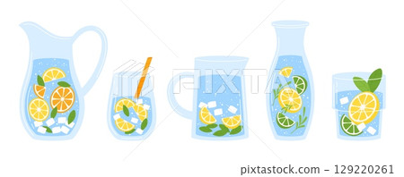 Glass jar, bottle and glasses with cold water with lemon and lime slices. Drink more clean water. Refreshing healthy drink for morning, vector set Glass jar, bottle and glasses with cold water with lemon and lime slices. Drink more clean water. Refreshing healthy drink for morning, vector set 129220261