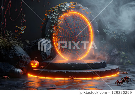 Dark Halloween mockup with black podium and spider web details, enhanced with warm orange lighting. Great for stylish product displays. 129220299