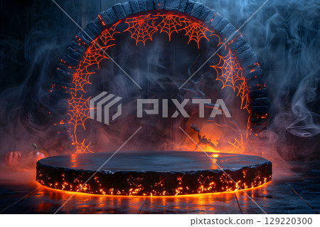 Dark Halloween mockup with black podium and spider web details, enhanced with warm orange lighting. Great for stylish product displays. 129220300