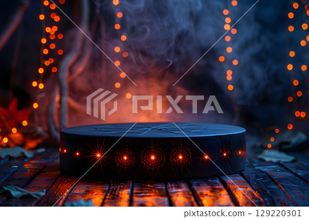Dark Halloween mockup with black podium and spider web details, enhanced with warm orange lighting. Great for stylish product displays. 129220301