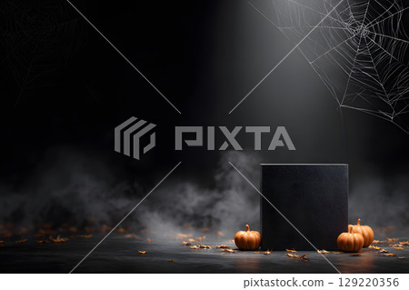 Dark Halloween mockup with black podium and spider web details, enhanced with warm orange lighting. Great for stylish product displays. 129220356