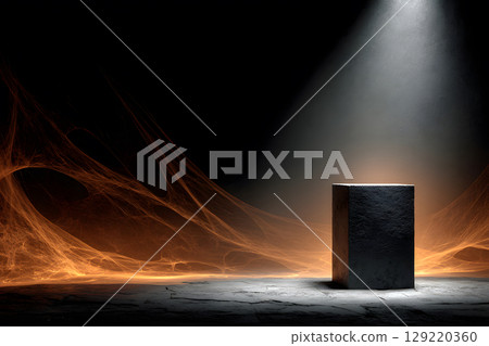 Dark Halloween mockup with black podium and spider web details, enhanced with warm orange lighting. Great for stylish product displays. Dark Halloween mockup with black podium and spider web details, enhanced with warm orange lighting. Great for stylish product displays. 129220360