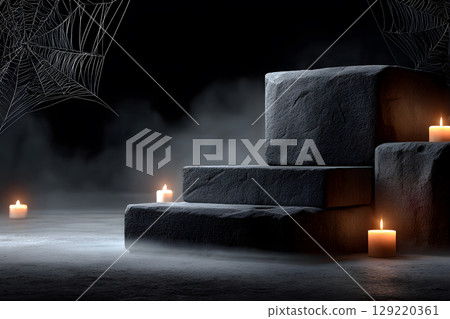 Dark Halloween mockup with black podium and spider web details, enhanced with warm orange lighting. Great for stylish product displays. 129220361
