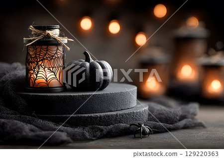 Dark Halloween mockup with black podium and spider web details, enhanced with warm orange lighting. Great for stylish product displays. 129220363