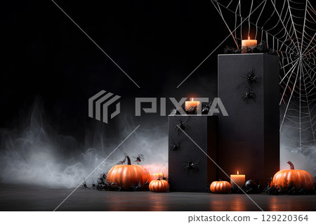 Dark Halloween mockup with black podium and spider web details, enhanced with warm orange lighting. Great for stylish product displays. Dark Halloween mockup with black podium and spider web details, enhanced with warm orange lighting. Great for stylish product displays. 129220364