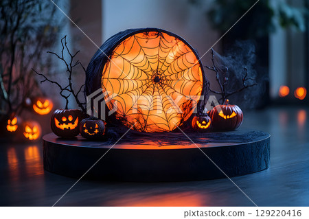 Dark Halloween mockup with black podium and spider web details, enhanced with warm orange lighting. Great for stylish product displays. 129220416