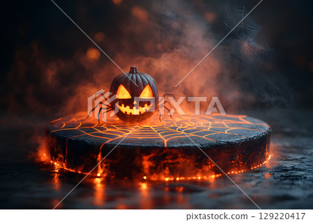 Dark Halloween mockup with black podium and spider web details, enhanced with warm orange lighting. Great for stylish product displays. 129220417
