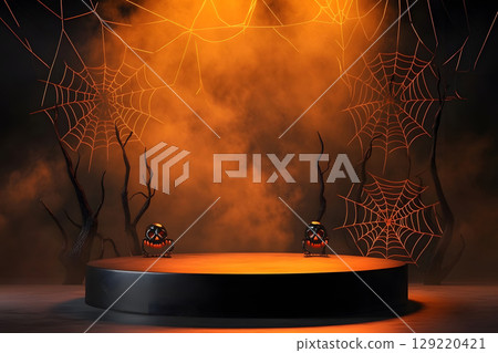 Dark Halloween mockup with black podium and spider web details, enhanced with warm orange lighting. Great for stylish product displays. 129220421