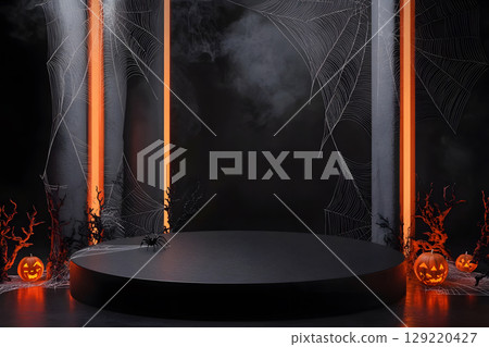 Dark Halloween mockup with black podium and spider web details, enhanced with warm orange lighting. Great for stylish product displays. 129220427