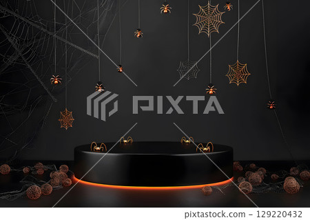 Dark Halloween mockup with black podium and spider web details, enhanced with warm orange lighting. Great for stylish product displays. 129220432