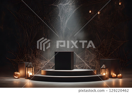 Dark Halloween mockup with black podium and spider web details, enhanced with warm orange lighting. Great for stylish product displays. 129220462