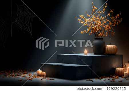 Dark Halloween mockup with black podium and spider web details, enhanced with warm orange lighting. Great for stylish product displays. 129220515