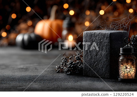 Dark Halloween mockup with black podium and spider web details, enhanced with warm orange lighting. Great for stylish product displays. 129220524