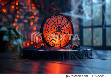 Dark Halloween mockup with black podium and spider web details, enhanced with warm orange lighting. Great for stylish product displays. 129220528