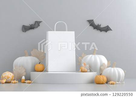 Halloween shopping mockup with blank shopping bag on a podium, surrounded by themed props. Perfect for e-commerce or seasonal sales. 129220550