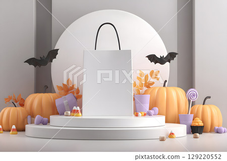 Halloween shopping mockup with blank shopping bag on a podium, surrounded by themed props. Perfect for e-commerce or seasonal sales. Halloween shopping mockup with blank shopping bag on a podium, surrounded by themed props. Perfect for e-commerce or seasonal sales. 129220552