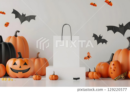 Halloween shopping mockup with blank shopping bag on a podium, surrounded by themed props. Perfect for e-commerce or seasonal sales. 129220577