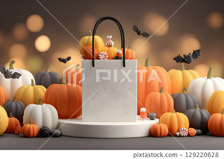 Halloween shopping mockup with blank shopping bag on a podium, surrounded by themed props. Perfect for e-commerce or seasonal sales. 129220628