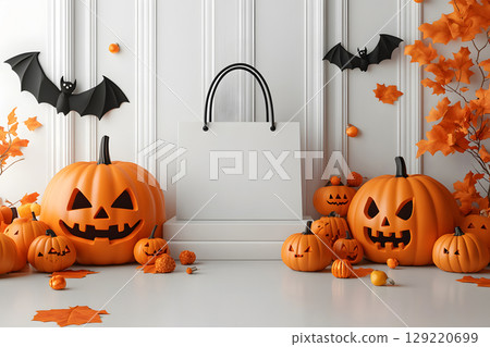 Halloween shopping mockup with blank shopping bag on a podium, surrounded by themed props. Perfect for e-commerce or seasonal sales. Halloween shopping mockup with blank shopping bag on a podium, surrounded by themed props. Perfect for e-commerce or seasonal sales. 129220699