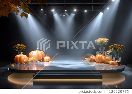 Halloween spotlight podium with pumpkins and stage feel. Perfect for hero product shots or bold promotional visuals. 129220775