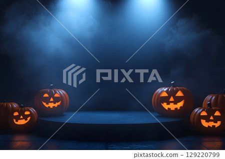 Halloween spotlight podium with pumpkins and stage feel. Perfect for hero product shots or bold promotional visuals. 129220799