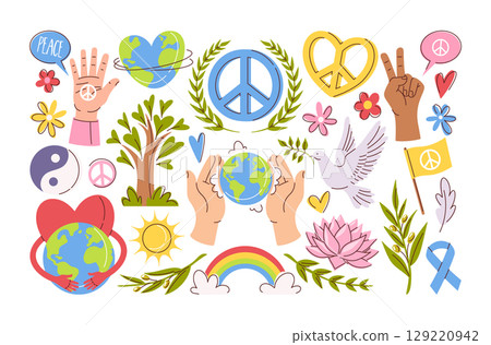 Peace day symbols hand drawn set with creative freedom, harmony, love, save planet elements Peace day symbols hand drawn set with creative freedom, harmony, love, save planet elements 129220942