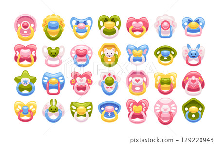 Baby pacifier cartoon set with cute design made of plastic and silicon to calm down newborn child 129220943