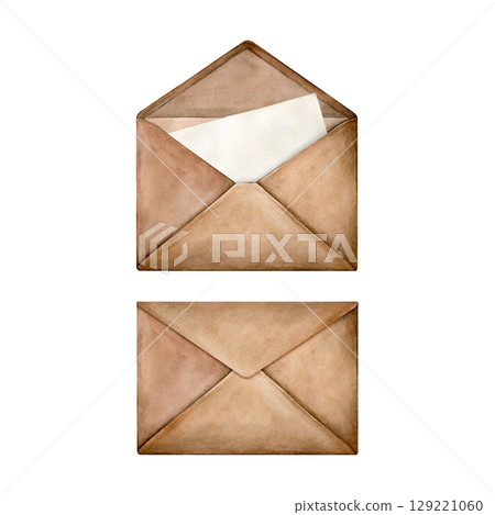 Watercolor set of closed and open craft envelope with letter. Good for postcards, recipes, menu, invitations, greeting cards Watercolor set of closed and open craft envelope with letter. Good for postcards, recipes, menu, invitations, greeting cards 129221060