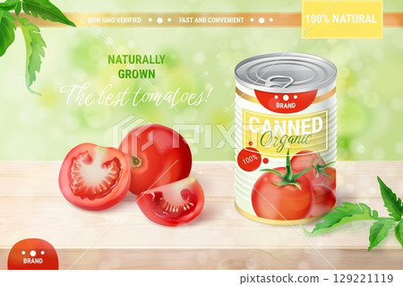 Canned tomato ad. Realistic tomatoes paste can label advertising mockup template banner design, tin vegetable food product cooking soup sauce ingredient, exact vector illustration 129221119
