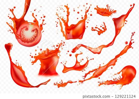 Realistic tomato juice. Tomatoes red fruit splash, 3d ketchup flow liquid flow drop strawberry grapefruit watermelon fresh juices vegetable beverages, set exact vector illustration 129221124