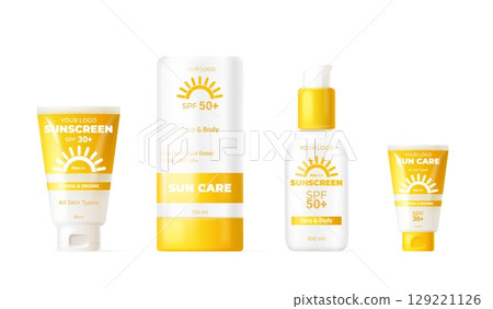 Realistic sunscreen cream. Suntan skincare lotion packaging, 50 spf sun uv block sunblock cosmetic tube bottle mockup summer skin care beauty product set exact vector illustration 129221126