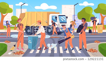 Janitors clean street. City cleaners team municipal workers with sweeper cleanup road collect garbage in trash bin for disposal, urban cleaning service classy vector illustration Janitors clean street. City cleaners team municipal workers with sweeper cleanup road collect garbage in trash bin for disposal, urban cleaning service classy vector illustration 129221131