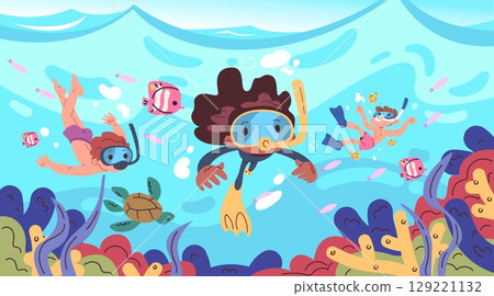 Children snorkeling. Cartoon kids scuba diver underwater sea background, little divers boy girl in snorkel goggles mask swim under deep ocean water, classy vector illustration Children snorkeling. Cartoon kids scuba diver underwater sea background, little divers boy girl in snorkel goggles mask swim under deep ocean water, classy vector illustration 129221132