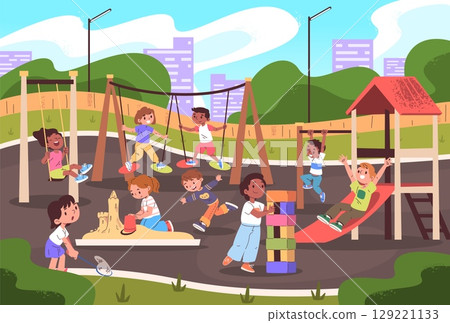 Children playing playground. Kids play area game in summer park outdoor school or kindergarten outside, happy cartoon child fun activity city garden yard classy vector illustration Children playing playground. Kids play area game in summer park outdoor school or kindergarten outside, happy cartoon child fun activity city garden yard classy vector illustration 129221133