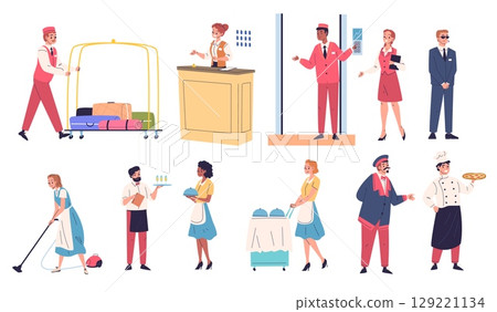 Hotel staff. Hospitality service employee, reception manager waiter doorman concierge receptionist restaurant worker maid bellboy porter job uniform, set classy vector illustration Hotel staff. Hospitality service employee, reception manager waiter doorman concierge receptionist restaurant worker maid bellboy porter job uniform, set classy vector illustration 129221134