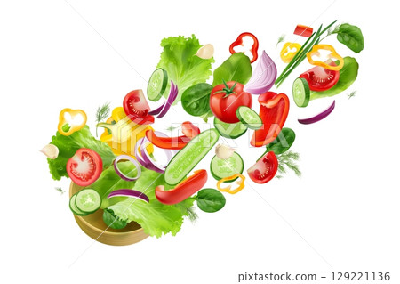 Realistic salad ingredients. 3d vegetables air fly, falling slices fresh vegetable explosion tomato cucumber onion flying cut cooking vegetarian food, exact vector illustration Realistic salad ingredients. 3d vegetables air fly, falling slices fresh vegetable explosion tomato cucumber onion flying cut cooking vegetarian food, exact vector illustration 129221136