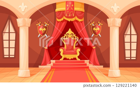 Royal throne room. King palace royal hall cartoon interior, kingdom medieval castle fairytale ballroom inside game background ancient monarch chair museum, neat vector illustration 129221140
