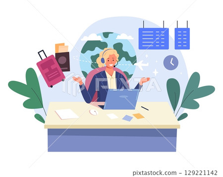 Tour manager. Woman travel agent, touristic agency operator call center consultant at computer laptop desk booking service flight company tourism trip office vector illustration Tour manager. Woman travel agent, touristic agency operator call center consultant at computer laptop desk booking service flight company tourism trip office vector illustration 129221142