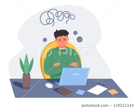 Student problem at computer. Exhausted sad guy home desk with laptop, homework or office employee work learning education frustrated teenager person study table vector illustration Student problem at computer. Exhausted sad guy home desk with laptop, homework or office employee work learning education frustrated teenager person study table vector illustration 129221143